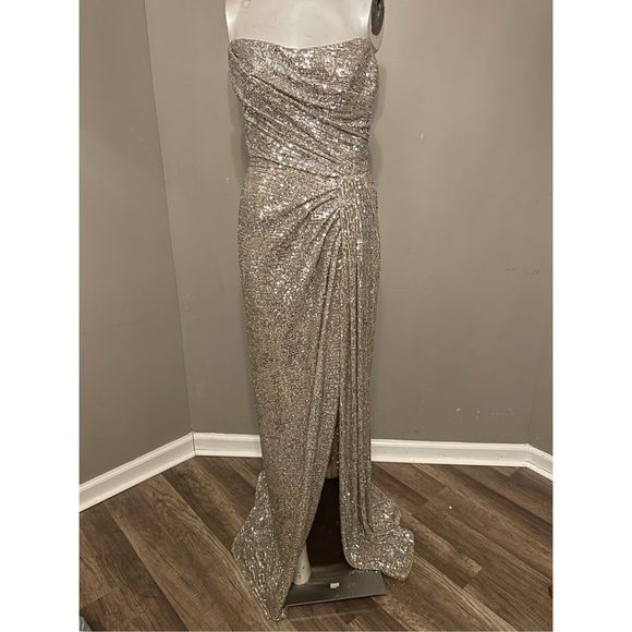 Monique Lhuillier Strapless Sequin-Embellished Draped Gown - Picture 2 of 8